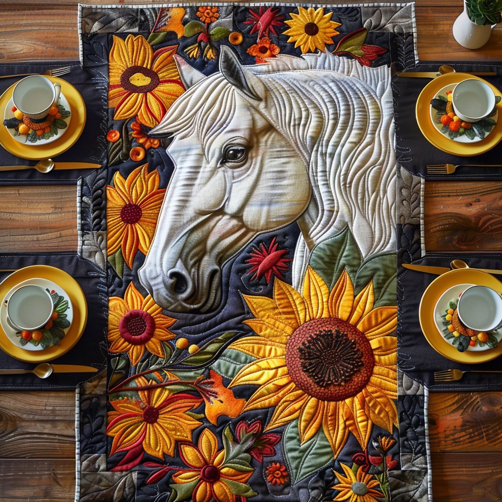 White Horse with Sunflowers Table Runner