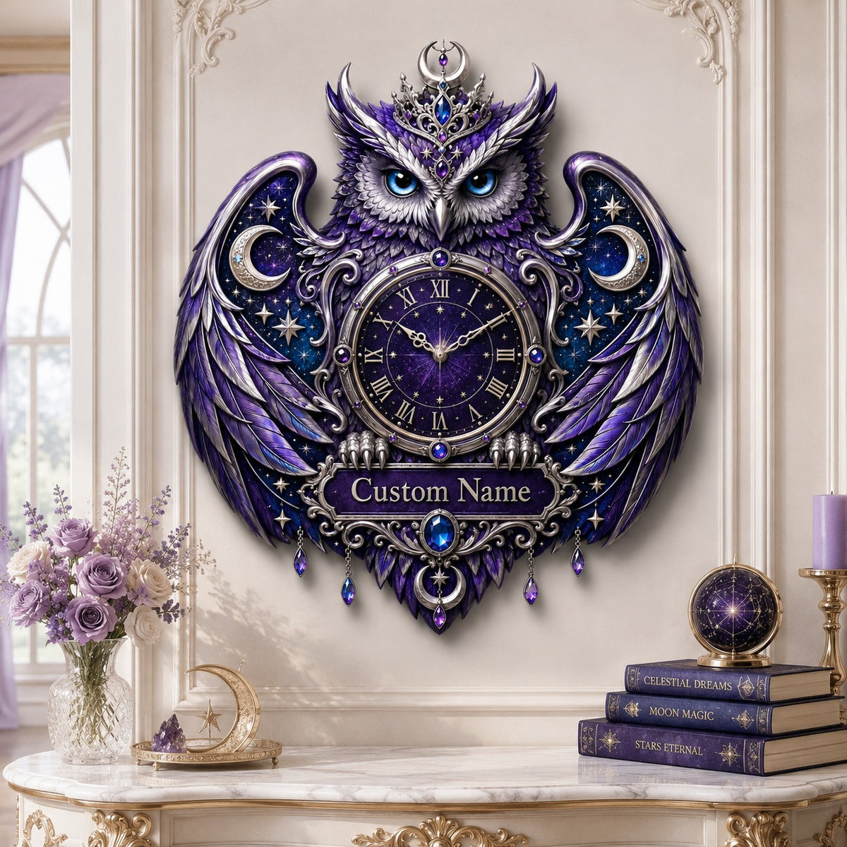 Personalized purple celestial owl wall clock — personalized with a custom name