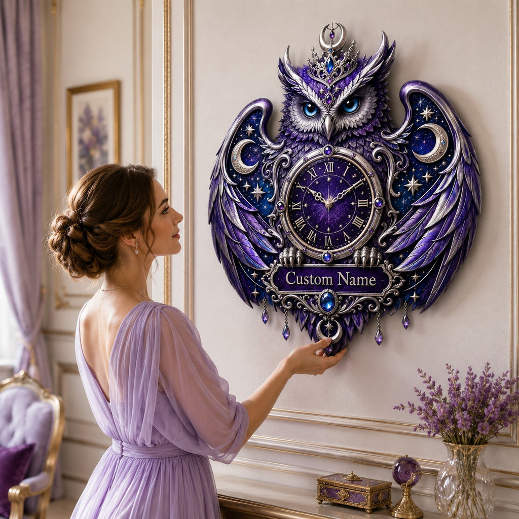 Personalized purple celestial owl wall clock — personalized with a custom name