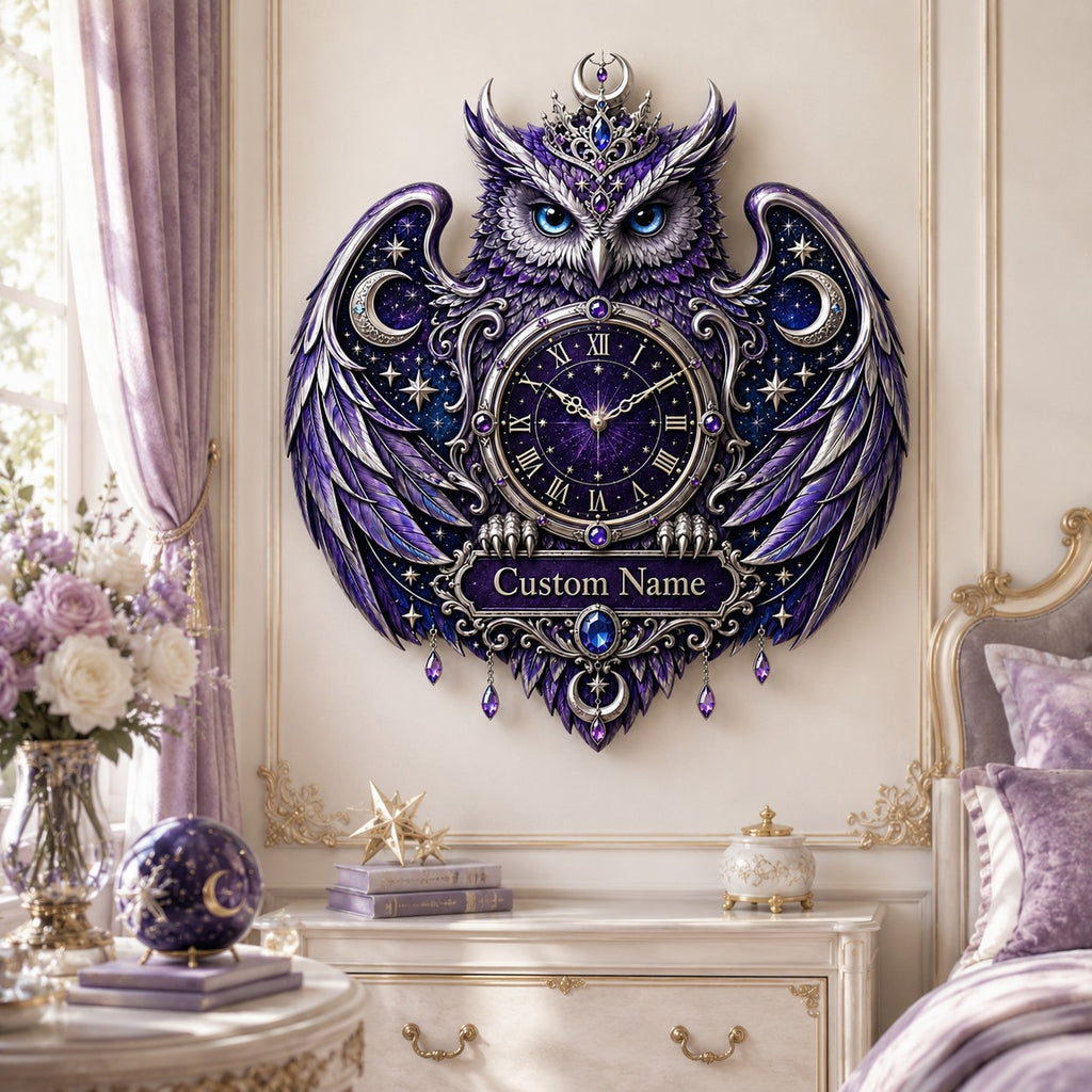 Personalized purple celestial owl wall clock — personalized with a custom name