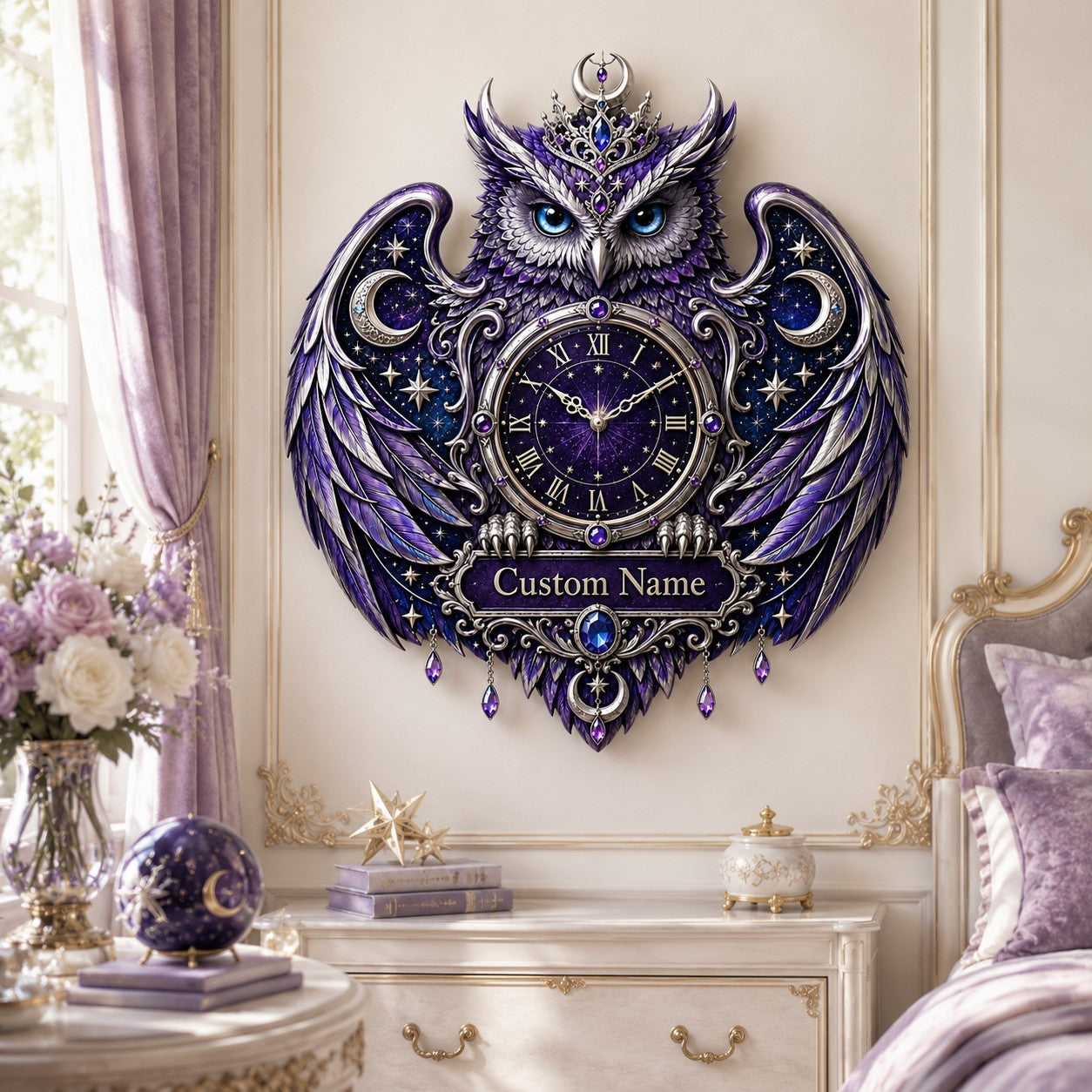 Personalized purple celestial owl wall clock — personalized with a custom name