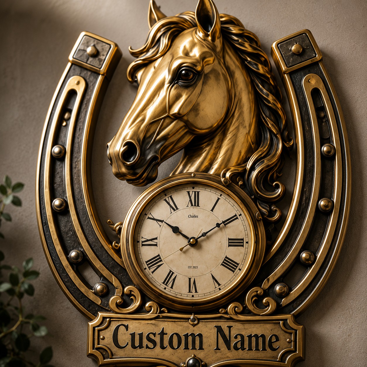 Horse horseshoe Custom Name Wall Clock — personalized with a custom name