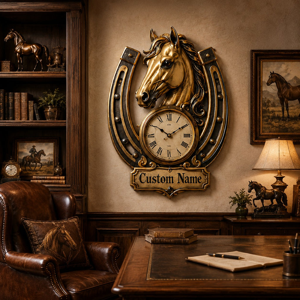 Horse horseshoe Custom Name Wall Clock — personalized with a custom name