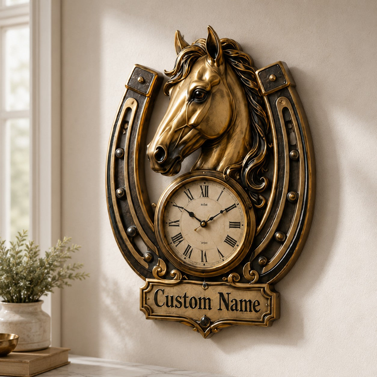 Horse horseshoe Custom Name Wall Clock — personalized with a custom name