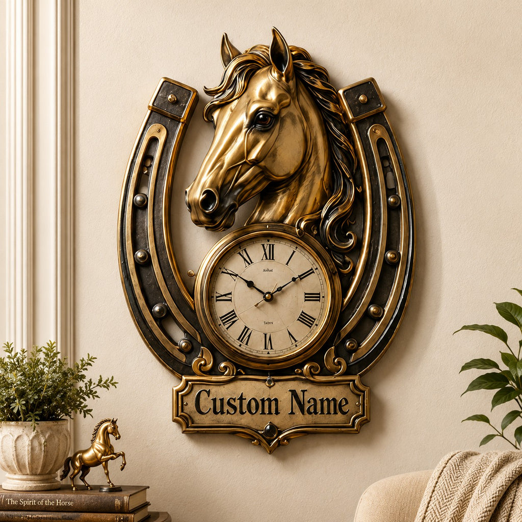 Horse horseshoe Custom Name Wall Clock — personalized with a custom name