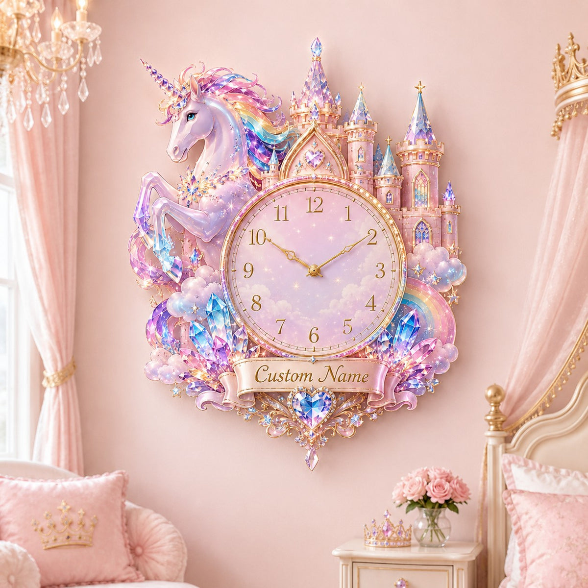 Personalized Unicorn Castle Wall Clock with a custom name set into the design