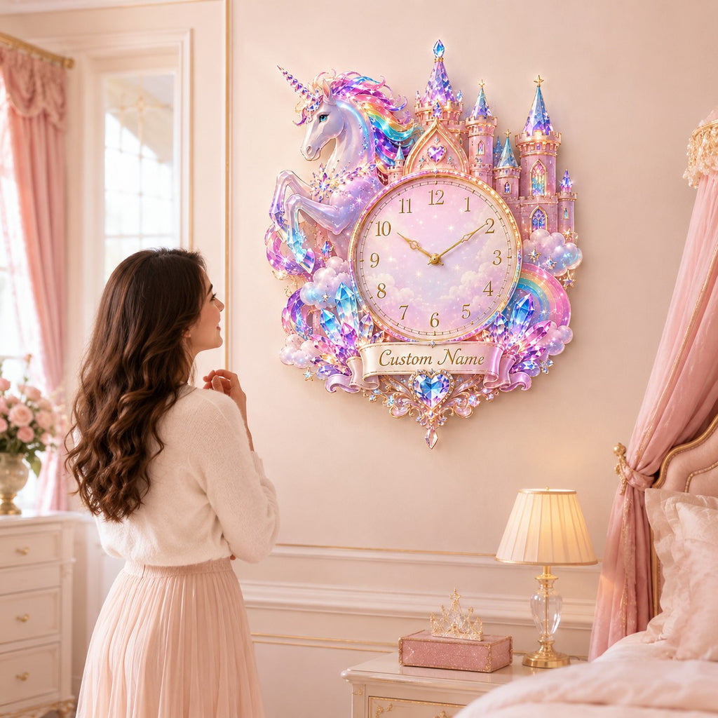 Unicorn castle Custom Name Wall Clock — personalized with a custom name