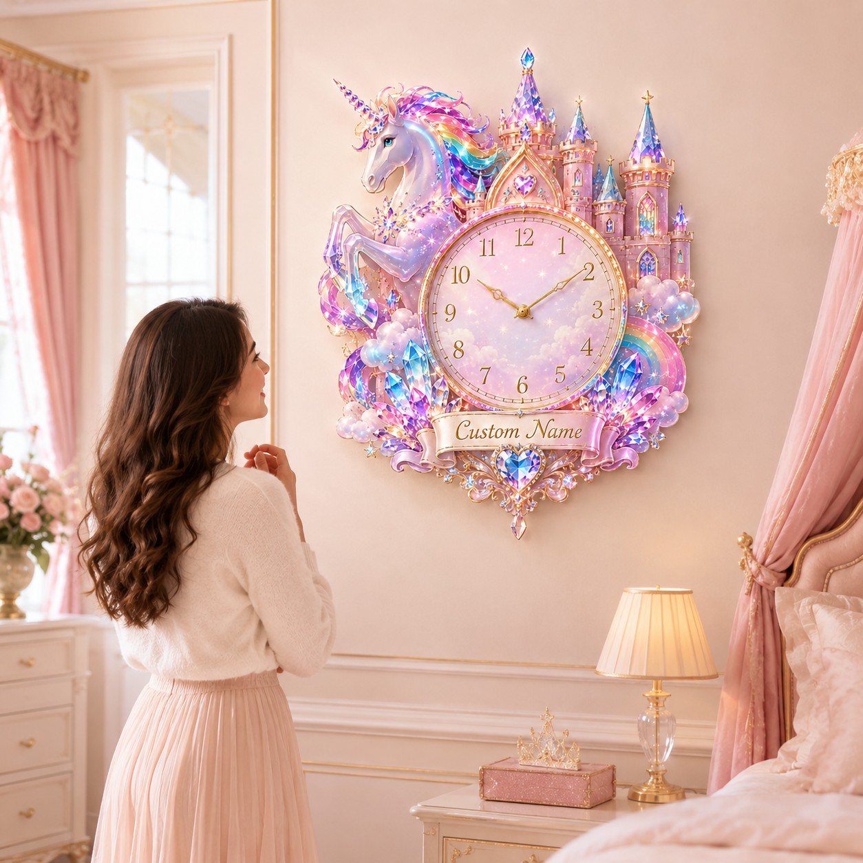 Unicorn castle Custom Name Wall Clock — personalized with a custom name