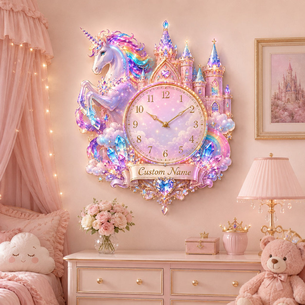 Unicorn castle Custom Name Wall Clock — personalized with a custom name