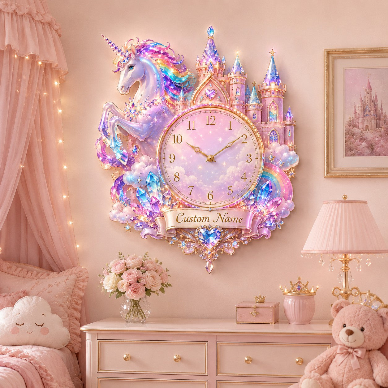 Unicorn castle Custom Name Wall Clock — personalized with a custom name