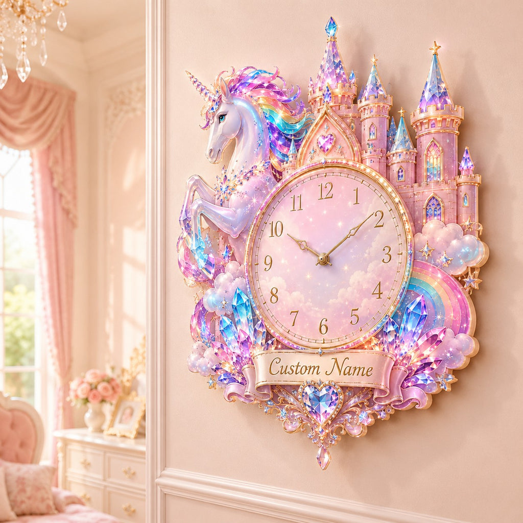 Unicorn castle Custom Name Wall Clock — personalized with a custom name