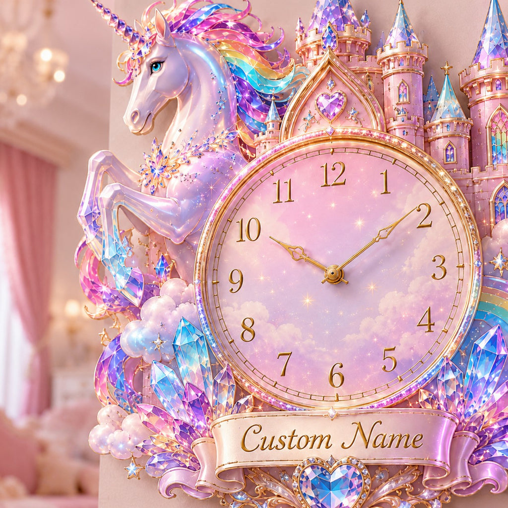 Unicorn castle Custom Name Wall Clock — personalized with a custom name