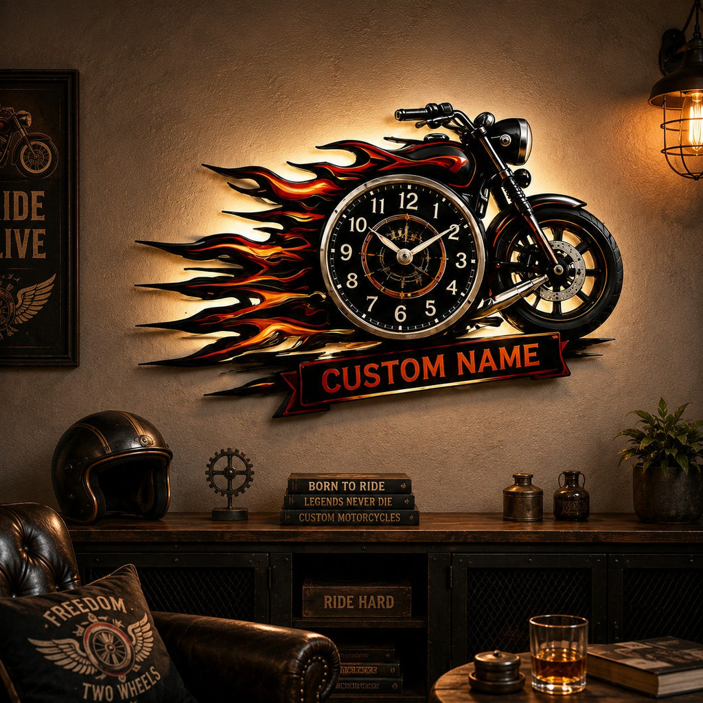 Flame Motorcycle Custom Name Wall Clock — personalized with a custom name