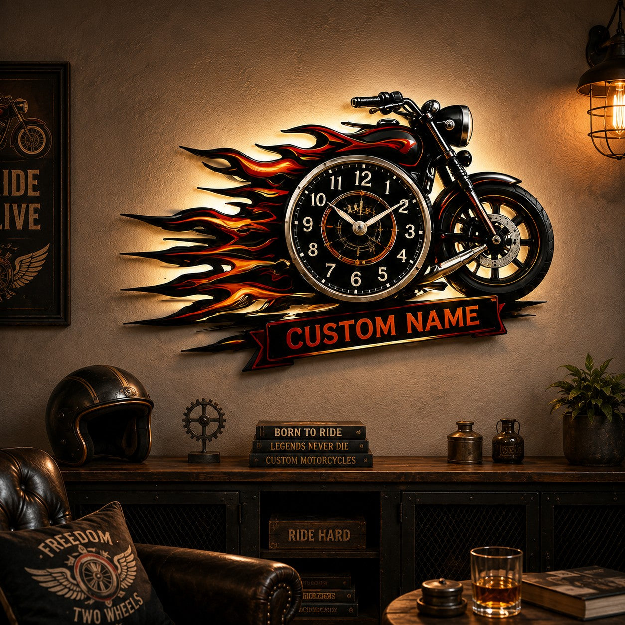 Flame Motorcycle Custom Name Wall Clock — personalized with a custom name
