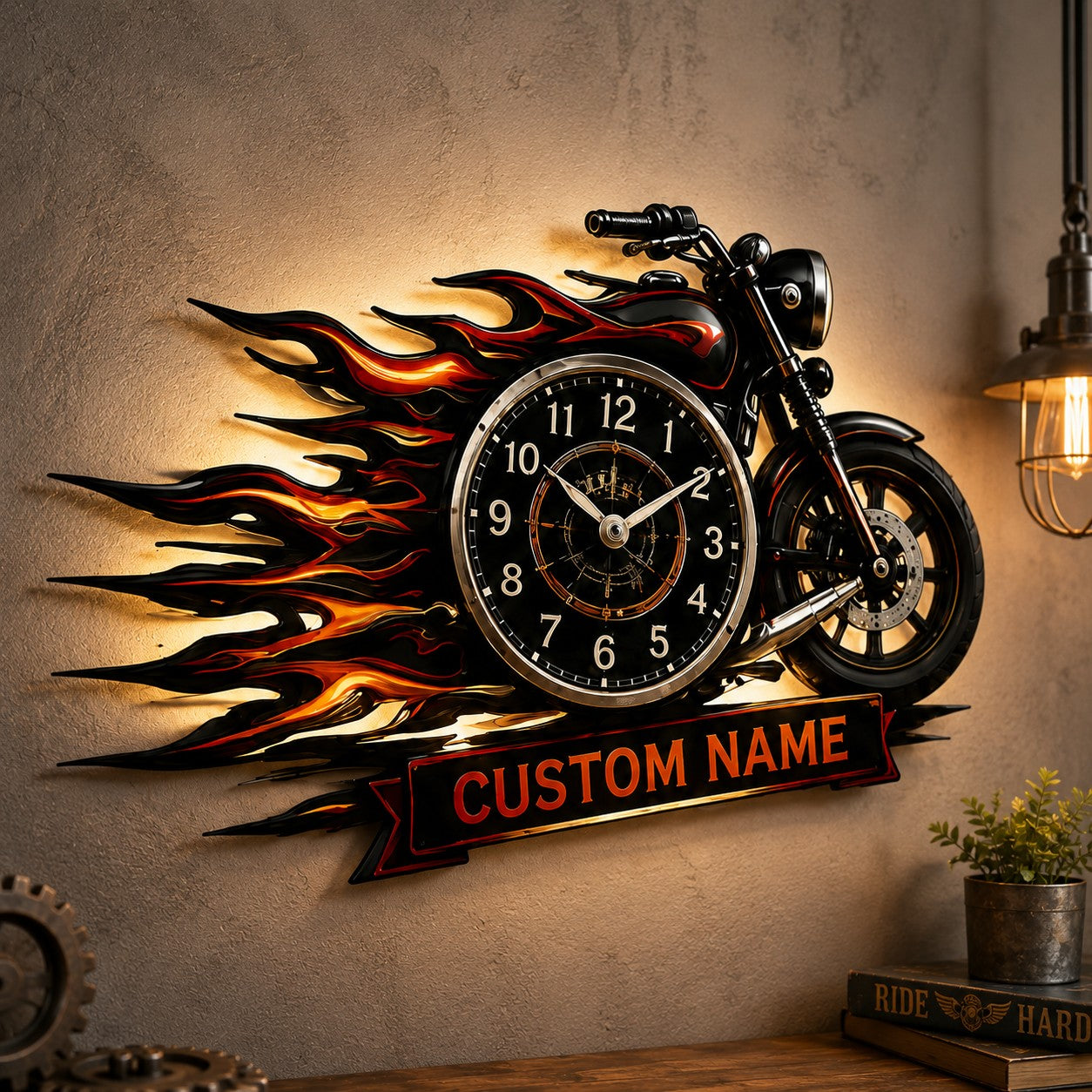 Flame Motorcycle Custom Name Wall Clock — personalized with a custom name