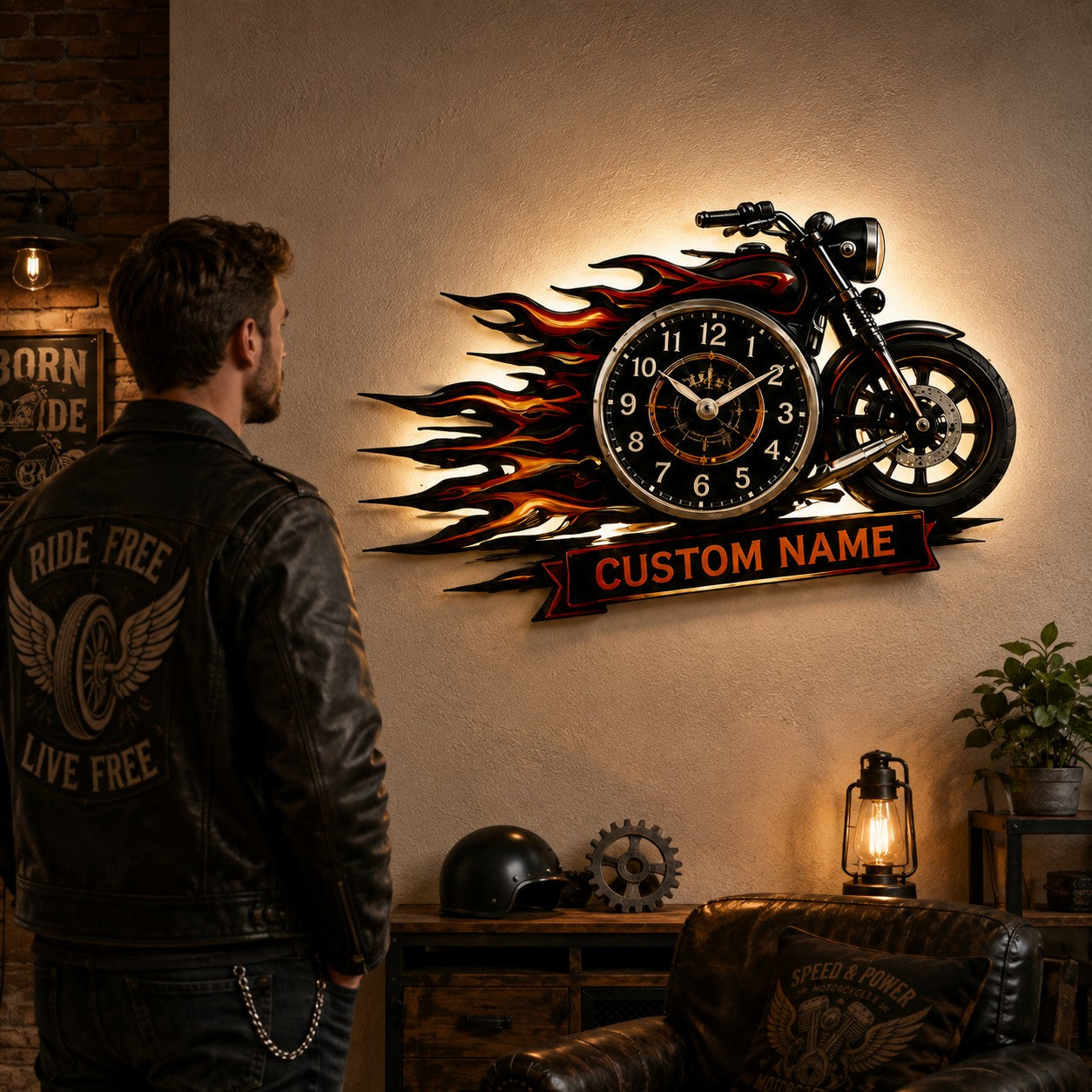 Flame Motorcycle Custom Name Wall Clock — personalized with a custom name