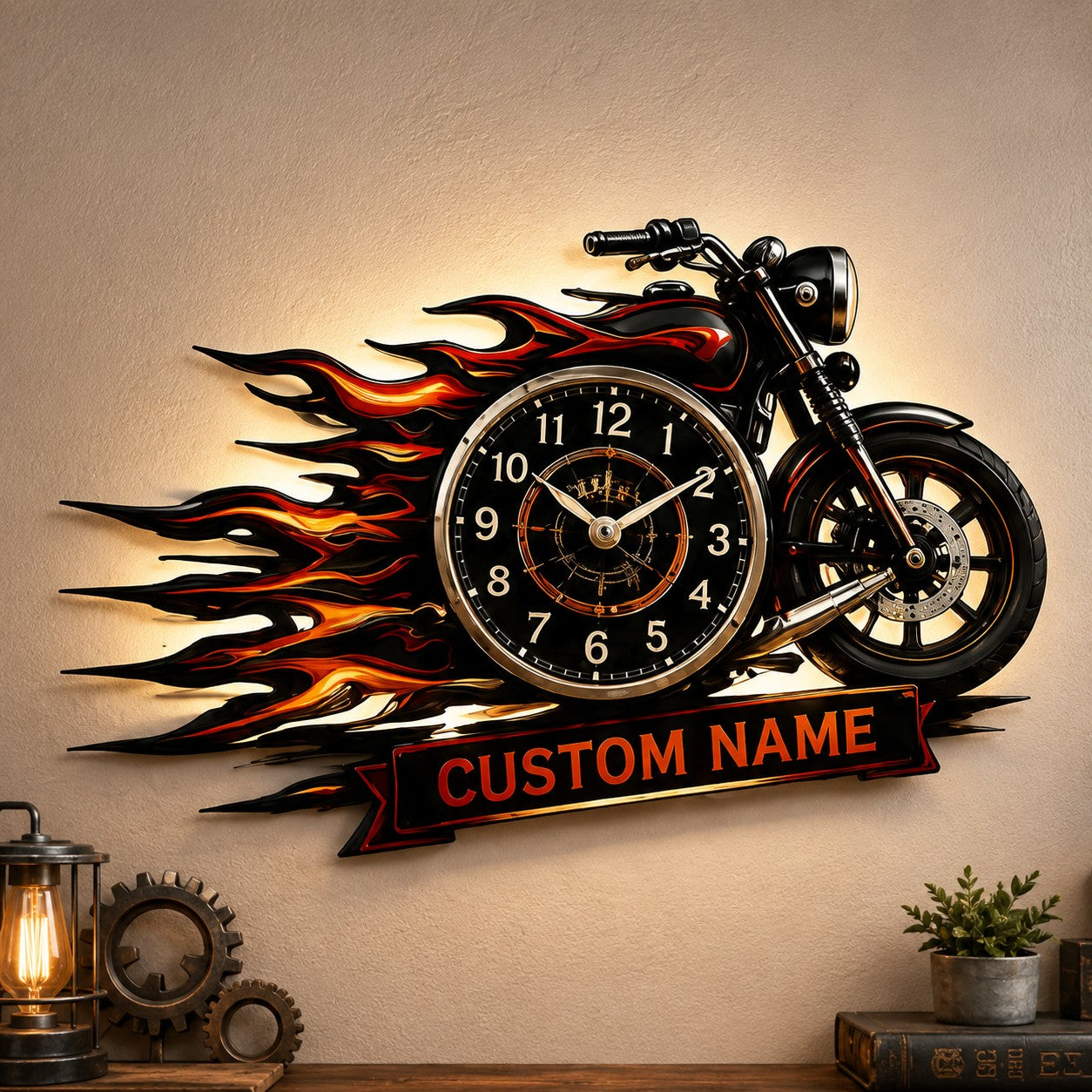 Flame Motorcycle Custom Name Wall Clock — personalized with a custom name