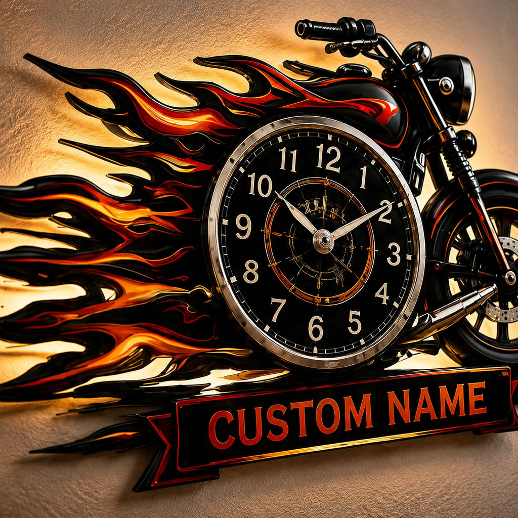 Flame Motorcycle Custom Name Wall Clock — personalized with a custom name