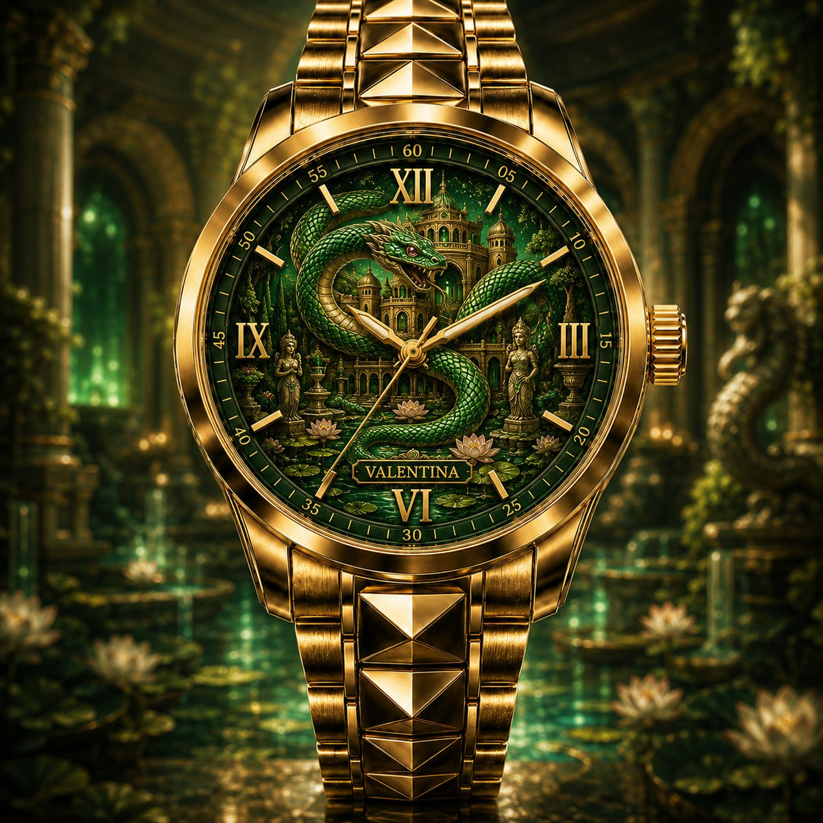 Custom Emerald Serpent Temple Watch — personalized with a custom name