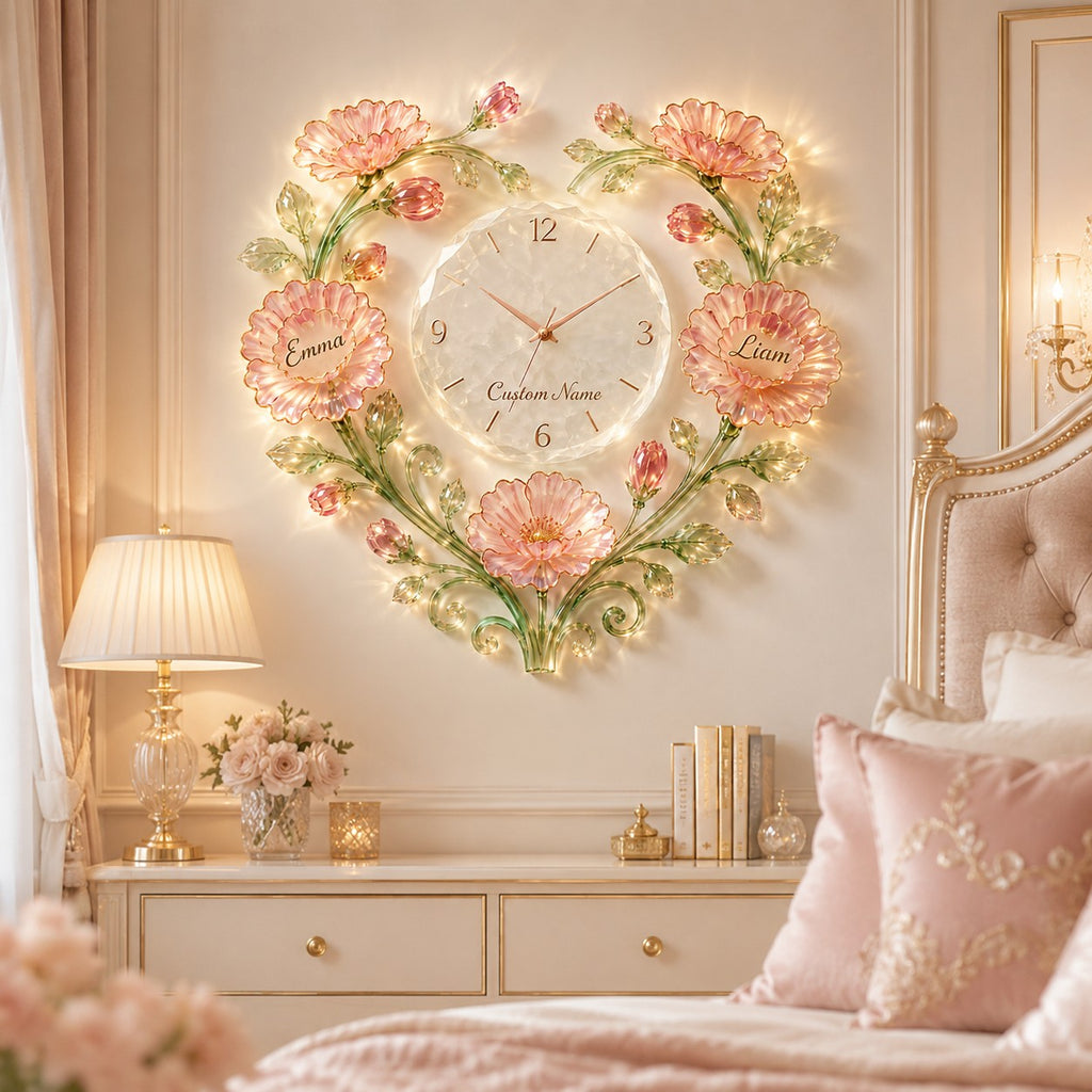 Crystal flower Custom Name Wall Clock — personalized with a custom name