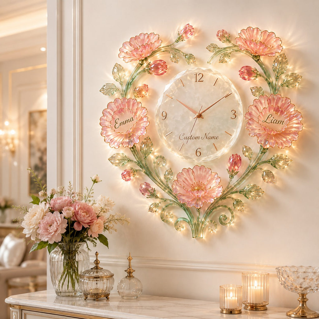 Crystal flower Custom Name Wall Clock — personalized with a custom name