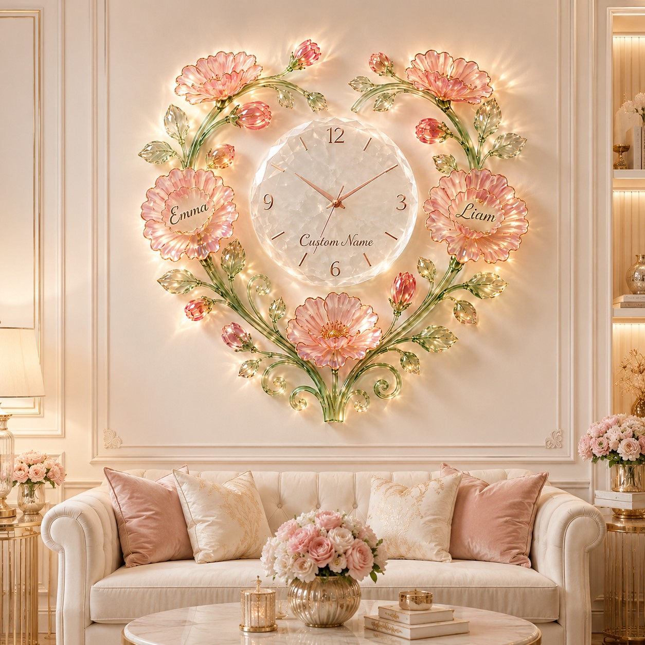 Crystal flower Custom Name Wall Clock — personalized with a custom name