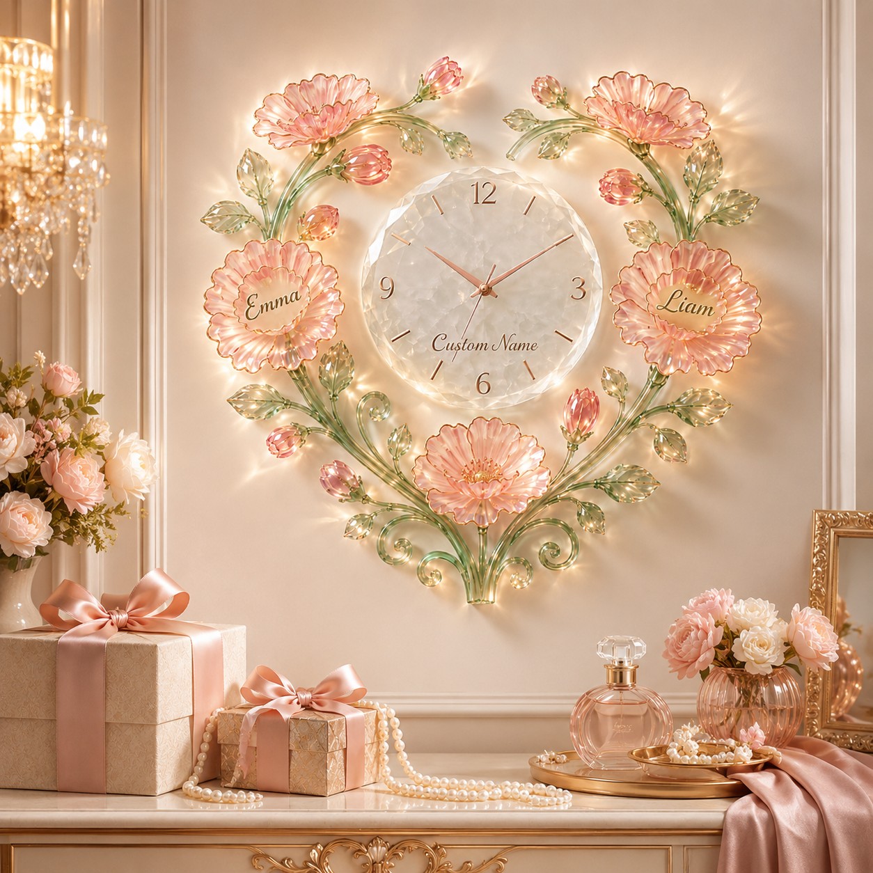 Crystal flower Custom Name Wall Clock — personalized with a custom name