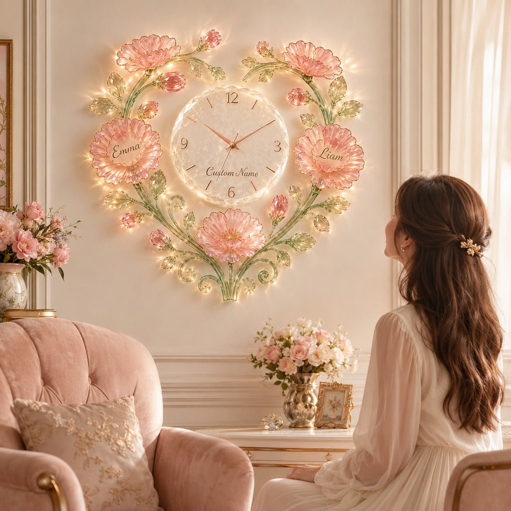 Crystal flower Custom Name Wall Clock — personalized with a custom name