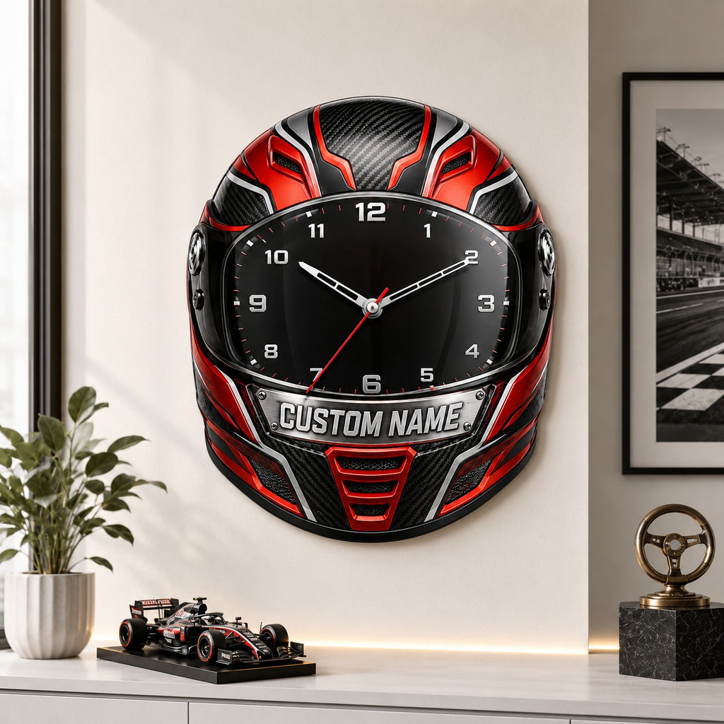 Racing helmet Custom Name Wall Clock — personalized with a custom name