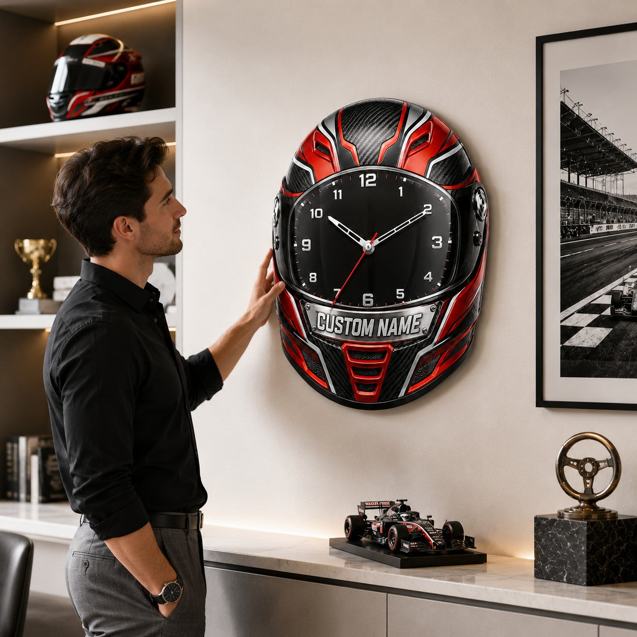 Racing helmet Custom Name Wall Clock — personalized with a custom name