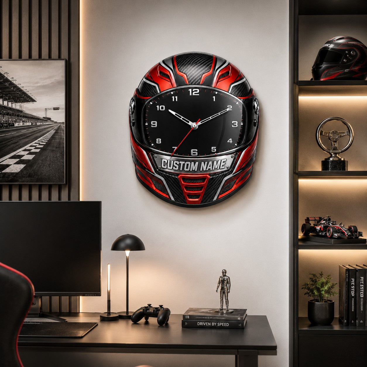 Racing helmet Custom Name Wall Clock — personalized with a custom name