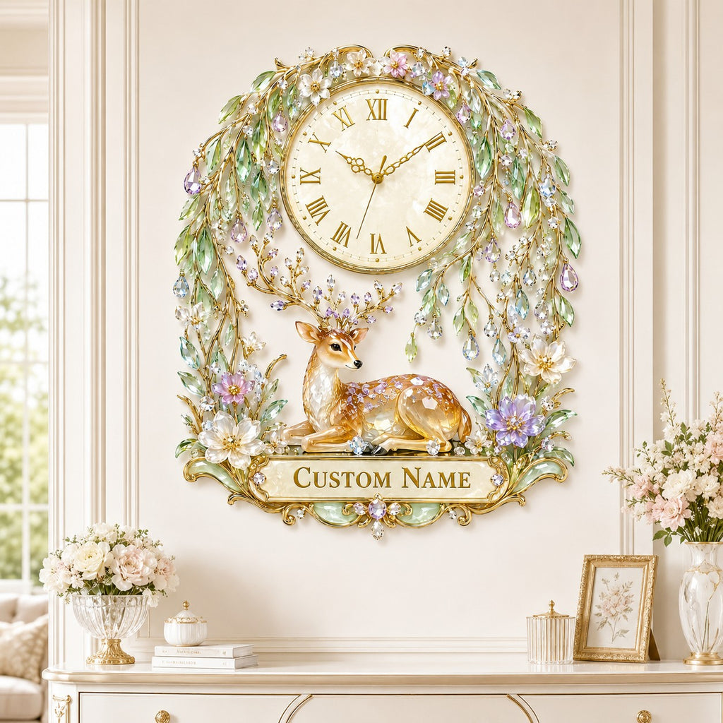 Personalized willow forest deer wall clock — personalized with a custom name