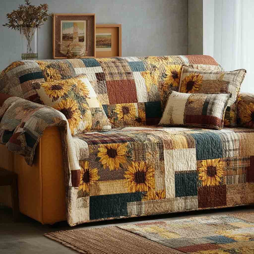 Sunflowers on Rustic Patchwork Squares Sofa Cover