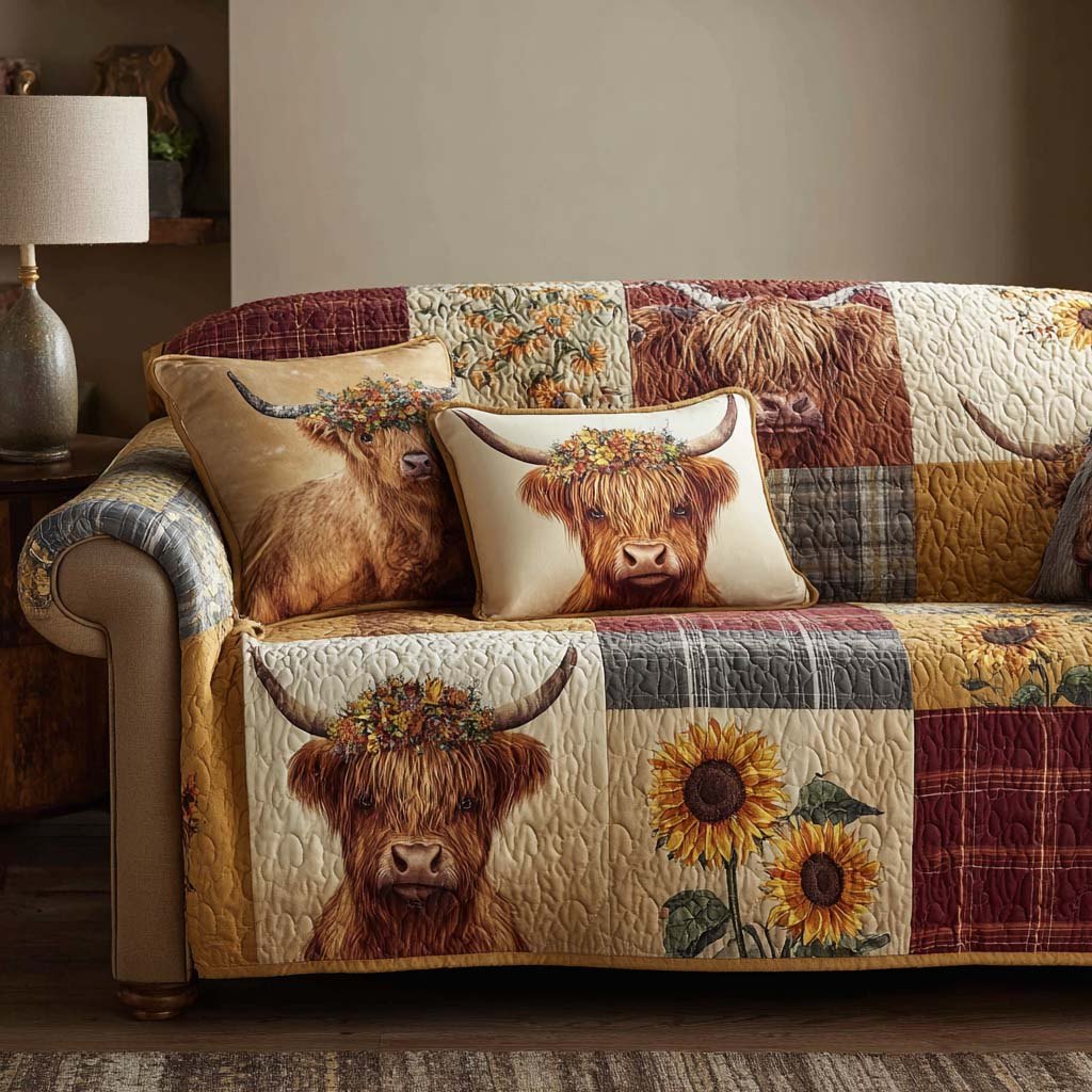 Highland Cow with Sunflowers on Plaid Sofa Cover