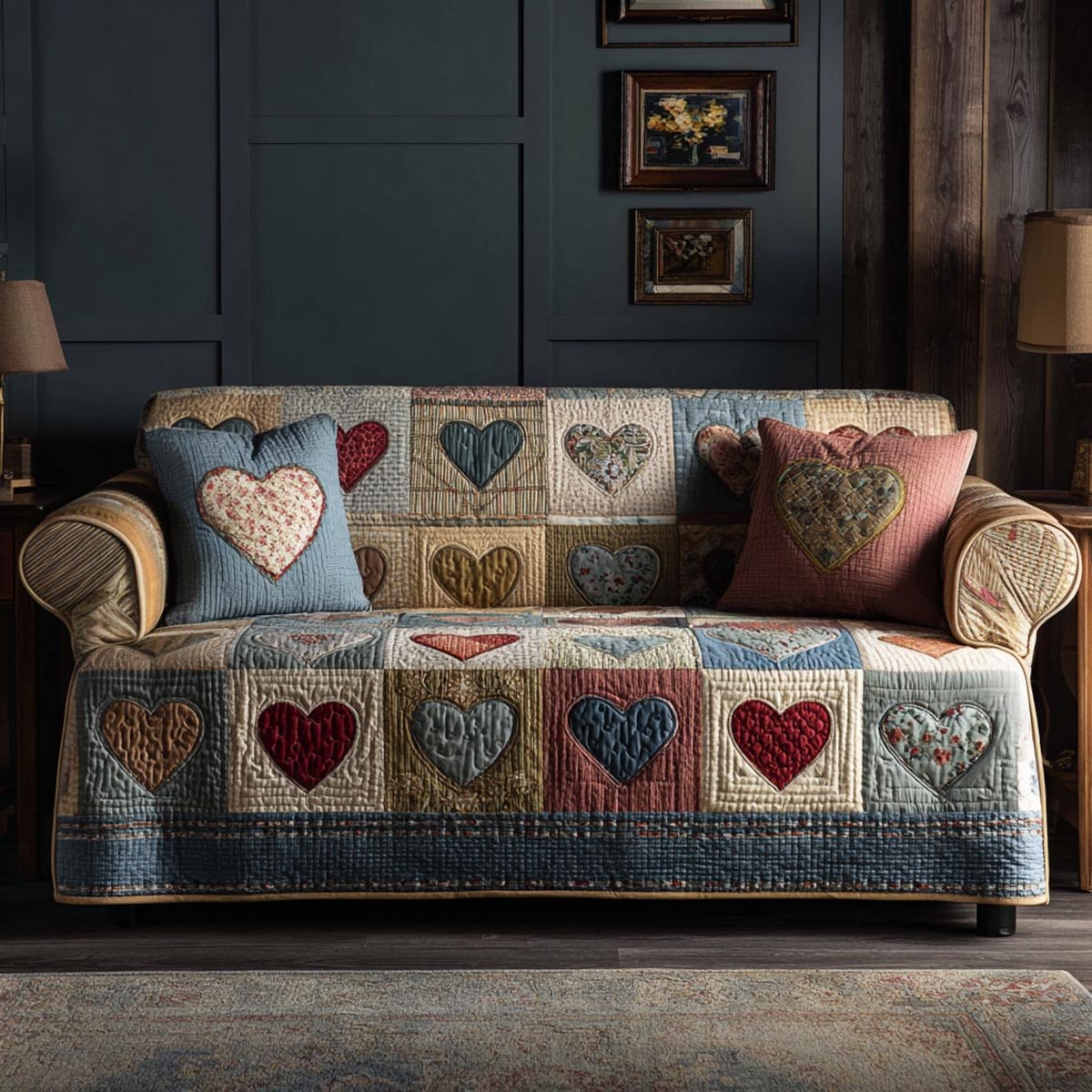 Hearts on Navy and Cream Squares Sofa Cover