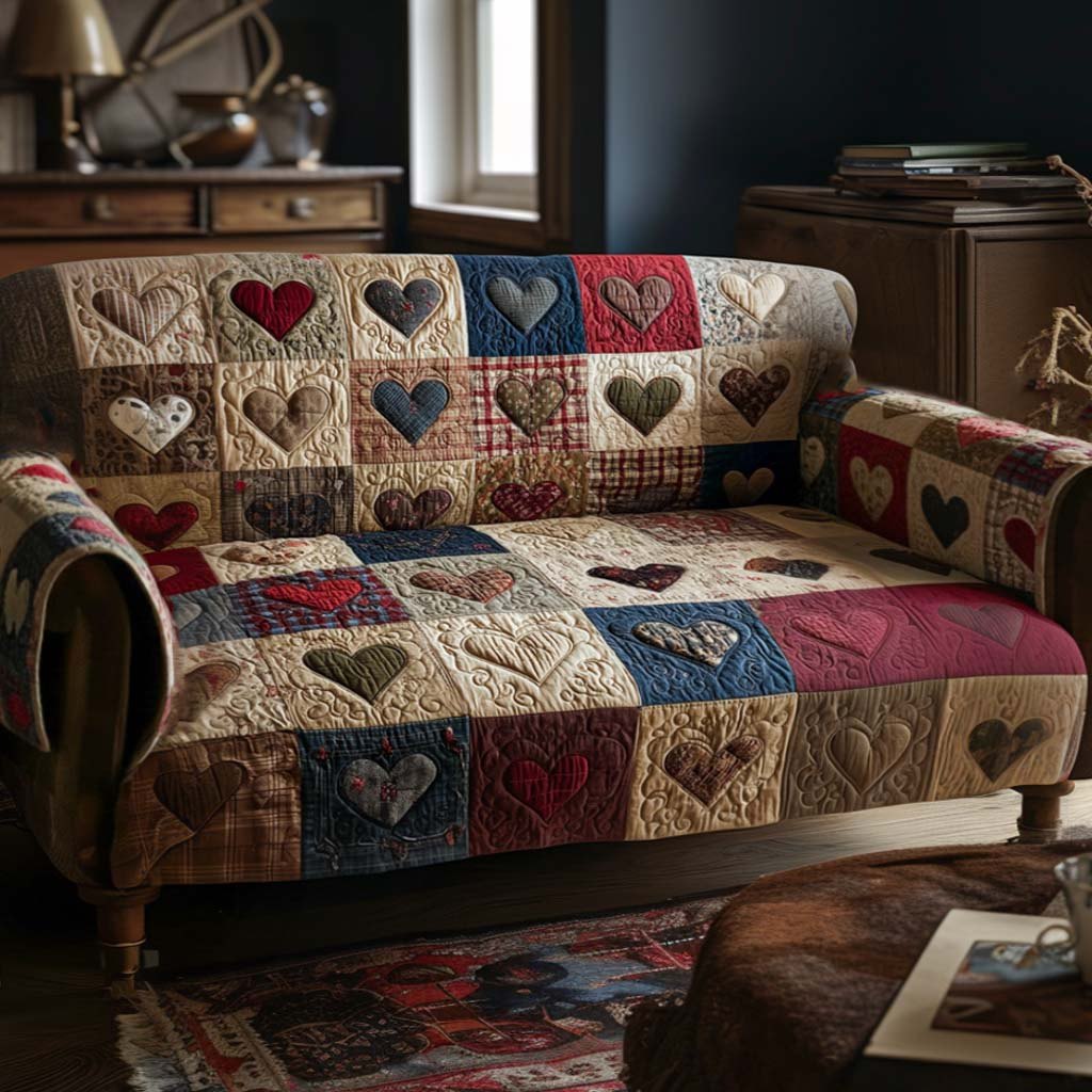 Hearts on Rustic Patchwork Squares Sofa Cover