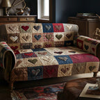 Hearts on Rustic Patchwork Squares Sofa Cover