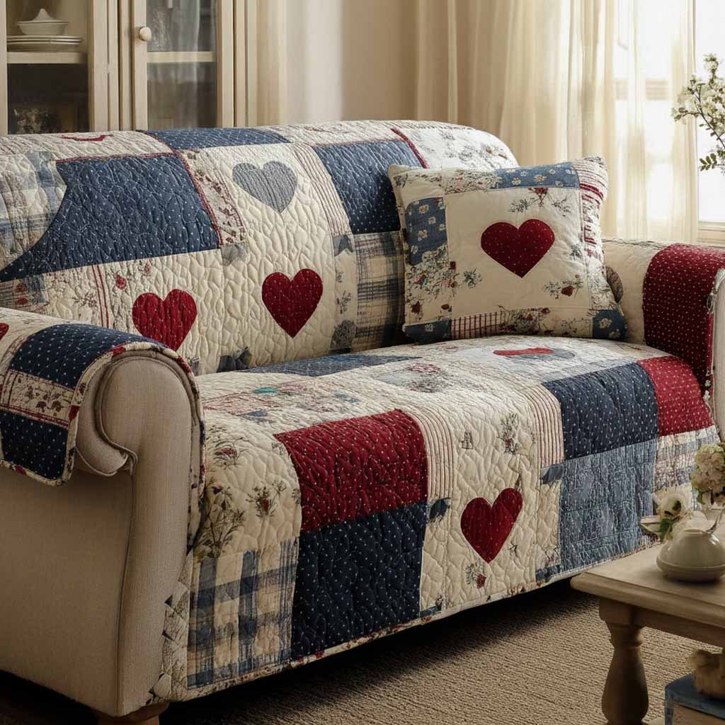 Red Hearts on Navy and Cream Plaid Sofa Cover
