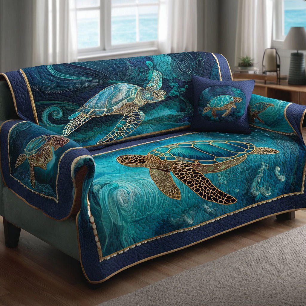 Sea Turtles on Swirling Teal Water Sofa Cover