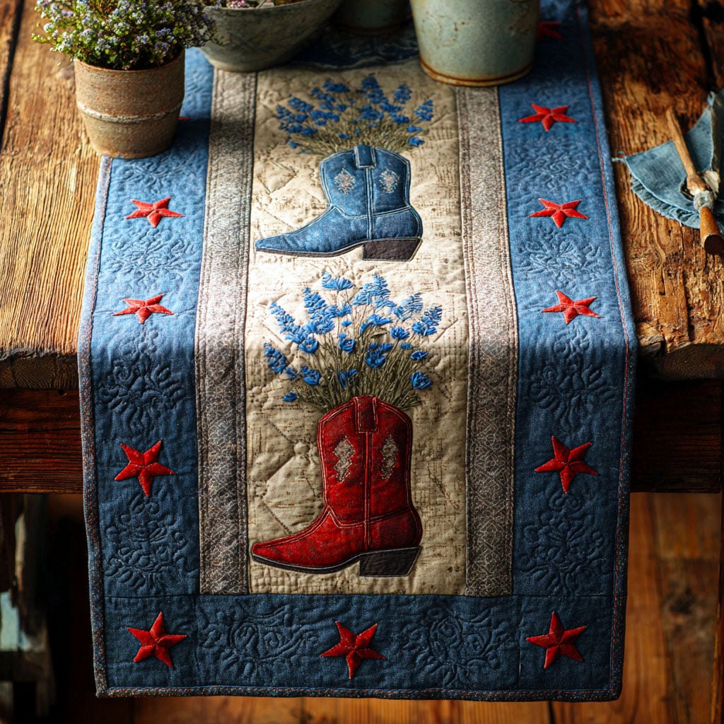Cowboy Boot with Bluebonnets on Denim Table Runner
