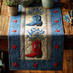 Cowboy Boot with Bluebonnets on Denim Table Runner