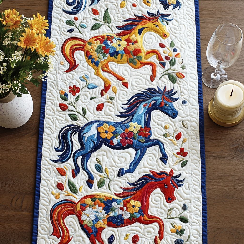 Folk Horses in Blue and Red Table Runner
