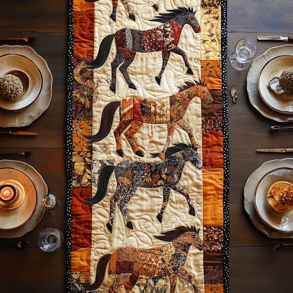 Running Horses on Cream Panel Table Runner