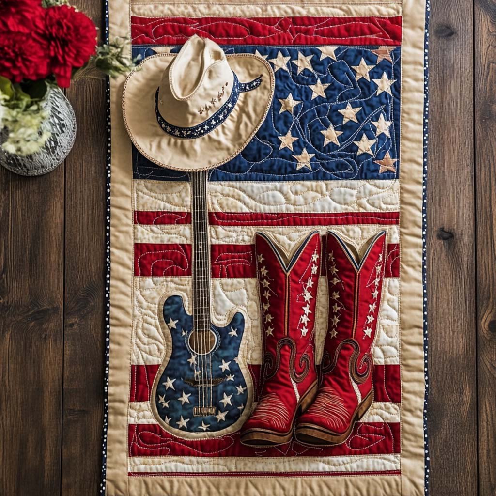 Guitar and Red Boots on Flag Table Runner