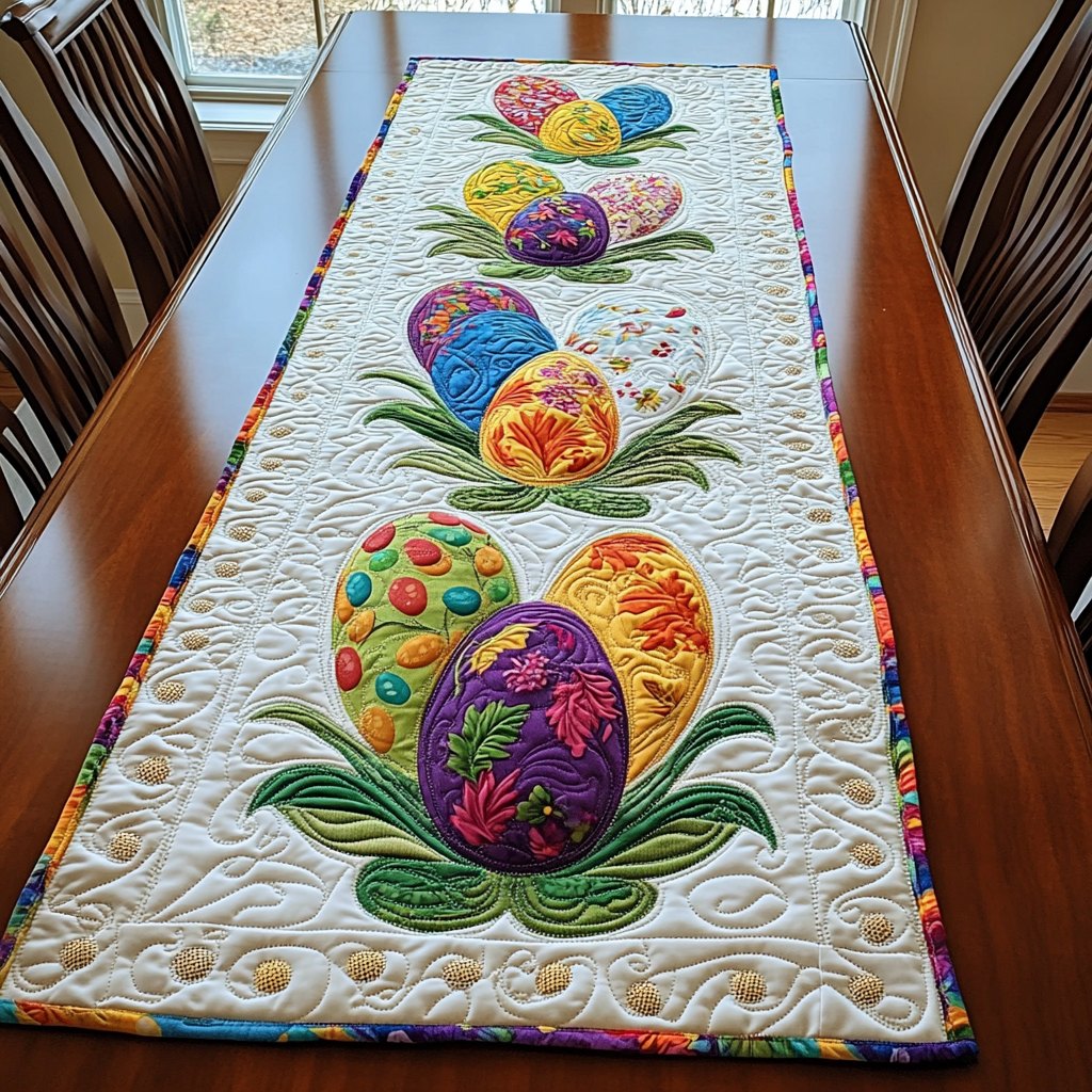 Easter Eggs with Flowers on Cream Table Runner