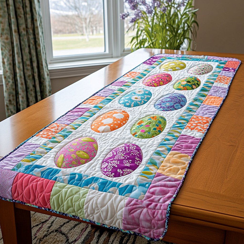 Easter Eggs on Bright Stripes Table Runner