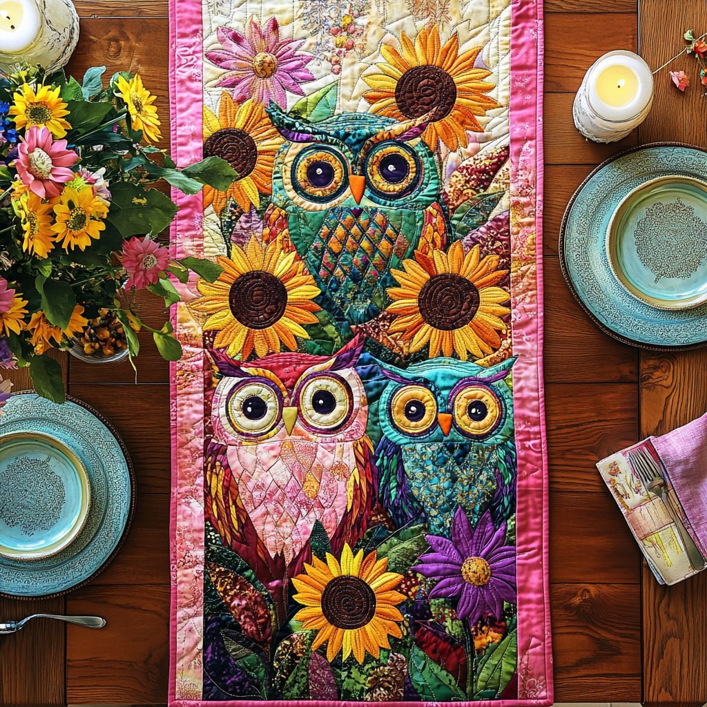 Whimsical Owl Village Table Runner