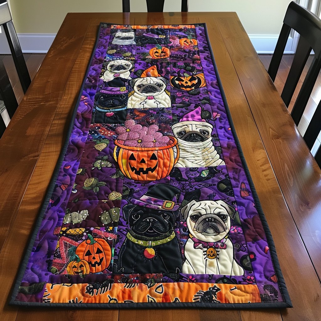 Pugs with Pumpkins and Costumes Table Runner