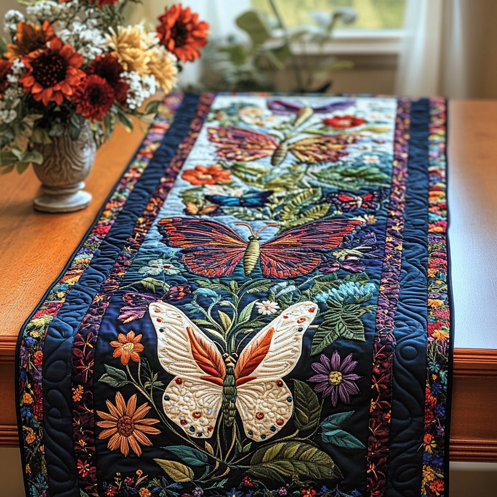 Butterflies with Flowers on Navy Table Runner