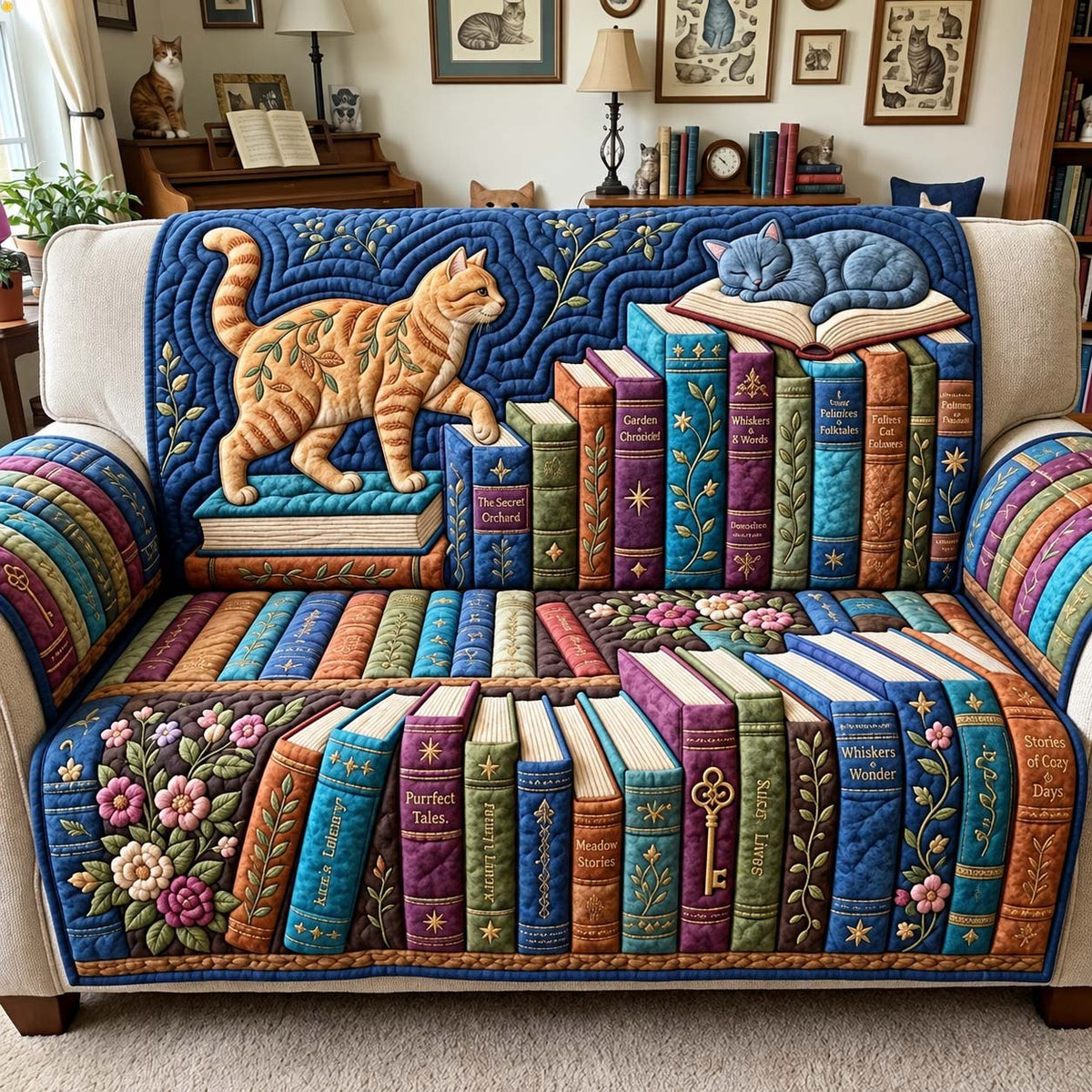 Whiskers and Storybooks Sofa Cover